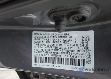 2021 Honda Civic Lx из США, поврежденный, VIN 2HGFC2F61MH525905